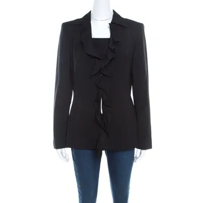 Pre-owned Escada Black Wool Crepe Ruffled Front Buttoned Jacket M