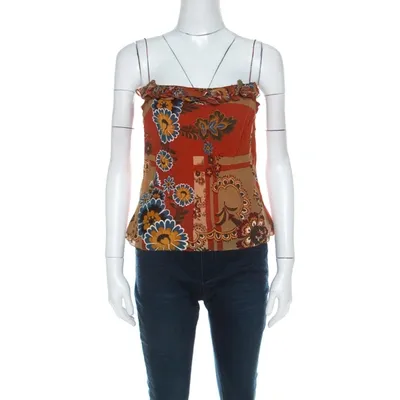 Pre-owned John Galliano Rust Orange Floral Print Silk Camisole Top L