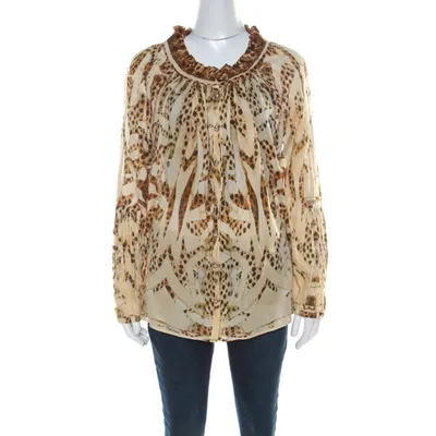 Pre-owned Roberto Cavalli Beige Leopard Printed Cotton Ruched Neckline Poet Blouse M