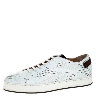 Pre-owned Santoni White Perforated Leather Low Top Sneakers Size 40.5