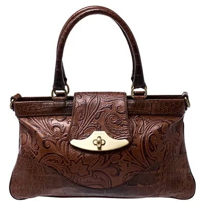 Pre-owned Etro Brown Paisley Embossed Leather Turnlock Shoulder Bag