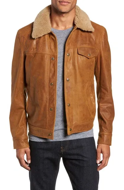 Schott Vintage Buffalo Leather Trucker Jacket With Genuine Sheepskin Collar In Tobacco