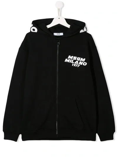 Msgm Kids' Logo Print Zipped Hoodie In Nero