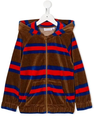 Mini Rodini Babies' Gestreifte Velours-kapuzenjacke In Brown