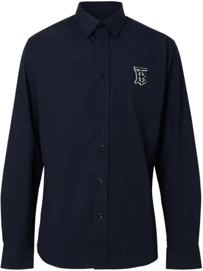 Burberry Monogram Motif Stretch Cotton Poplin Shirt In Blue