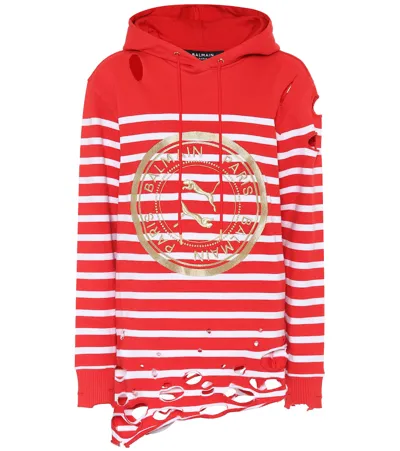 Puma X Balmain Distressed Striped Stretch-knit Hoody In High Risk Red