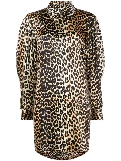 Ganni Leopard Print Zipped Collar Dress In Neutrals