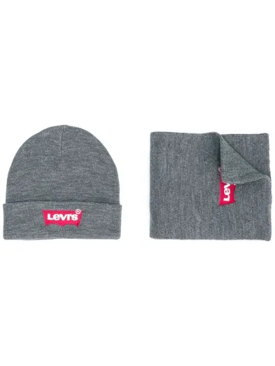 Levi's Kids' Knitted Logo Beanie & Scarf In Grey