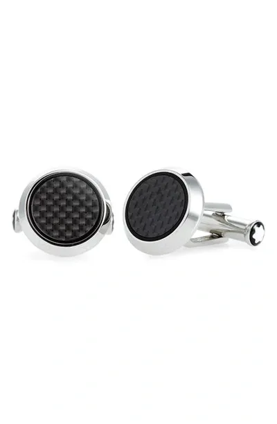 Montblanc Cufflinks, Round In Stainless Steel With Carbon-patterned Inlay In Silver