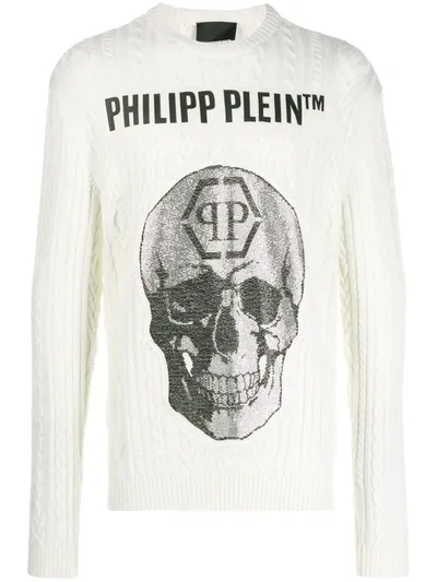 Philipp Plein Skull Cable Knit Jumper In White