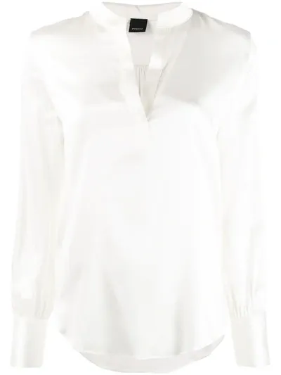 Pinko Petrali Band-collar Satin Blouse In Bianco Biancaneve