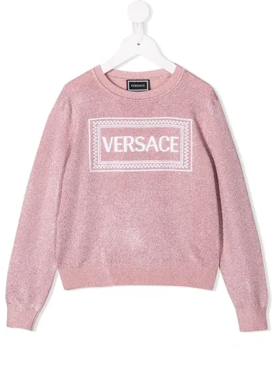 Young Versace Kids' Logo-embroidered Glitter Jumper In Pink