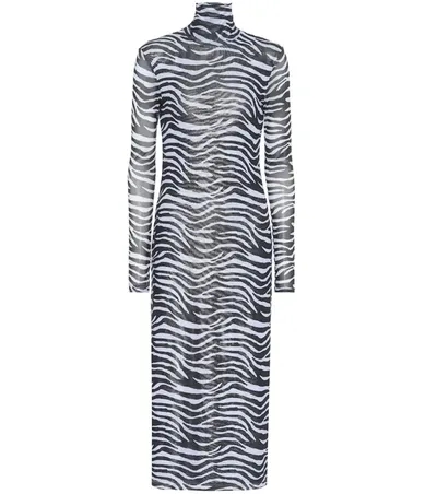 Staud Brae Zebra-print Stretch-mesh Turtleneck Midi Dress In Black