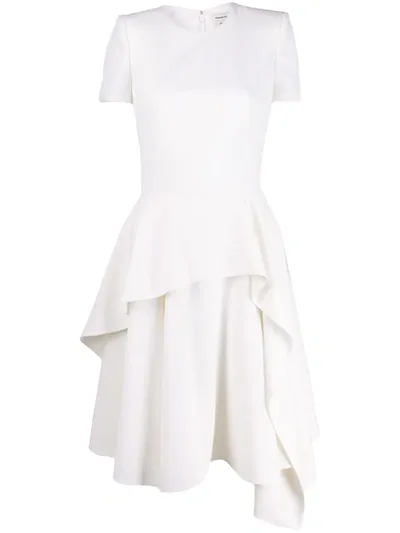 Alexander Mcqueen Asymmetric Wool Grain De Poudre Dress In White