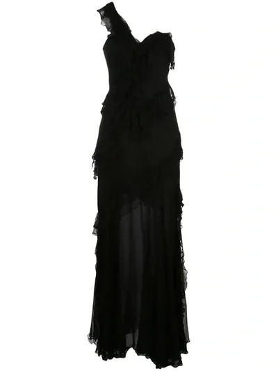 Amur One-shoulder Ruffled Silk Illusion Gown In Black