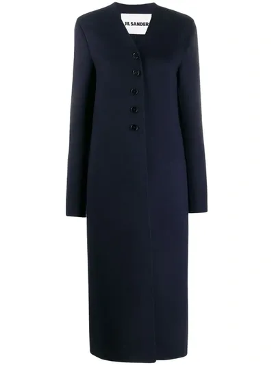 Jil Sander Long Single Breasted Coat In Blue