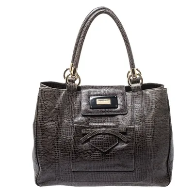 Pre-owned Emporio Armani Olive Green Croc Embossed Leather Front Pocket Tote