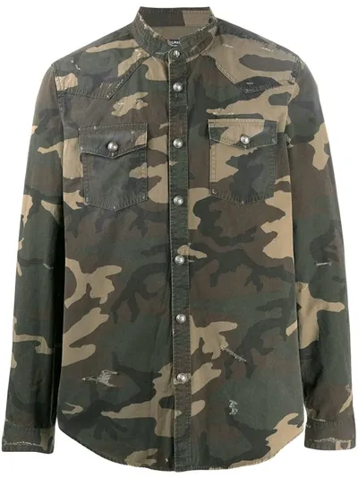 Balmain Camouflage Print Denim Shirt In Green