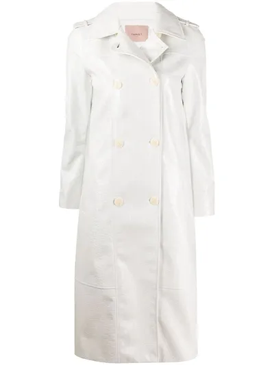 Twinset Croc Embossed Trench Coat In White