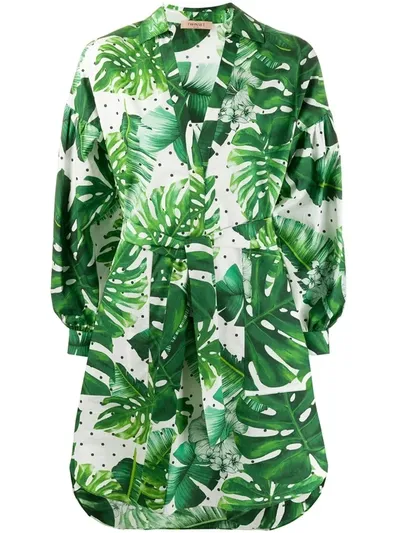 Twinset Leaf Print Cotton Shirt Dress In Green