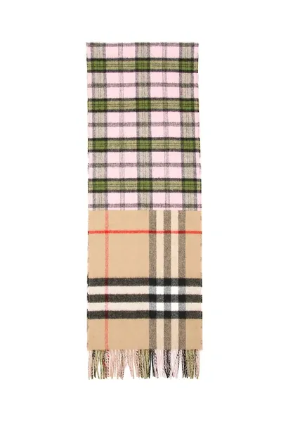 Burberry Tartan And Giant Check Scarf In Beige,pink,green