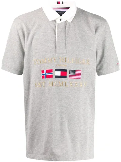 Tommy Hilfiger Embroidered Flags Polo Shirt In Grey