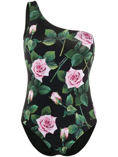 Dolce & Gabbana Floral One-shoulder One-piece Swimsuit In Black