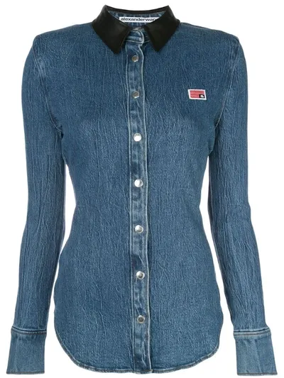 Alexander Wang Denim Button Long Sleeve Shirt With Leather Collar In Blue