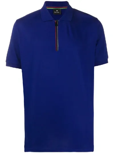 Ps By Paul Smith Zip-neck Cotton-piqué Polo Shirt In Blue