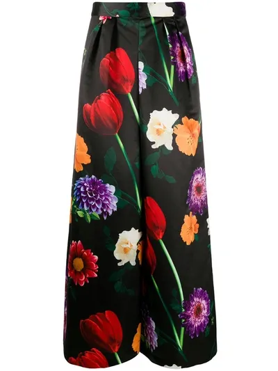 Alice And Olivia Inez Floral-print Wide-leg Trousers In Black