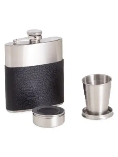 Bey-berk Men's 3-piece Stainless Steel & Leather Flask Set In Black Silver