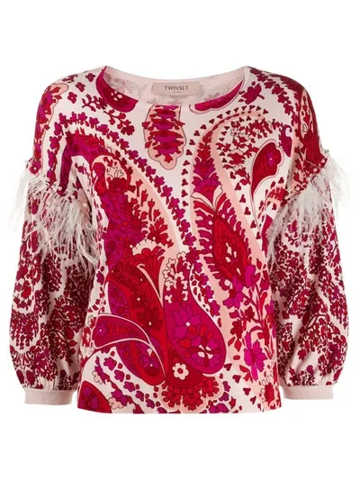 Twinset Printed Feather Trim Jumper In Red