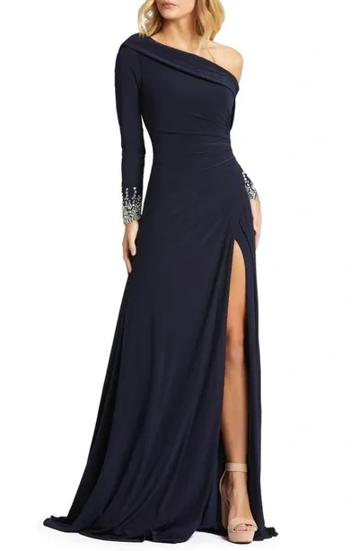 Mac Duggal Long-sleeve Beaded Cuff Asymmetric Jersey Wrap Gown In Charcoal