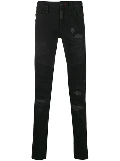 Philipp Plein Distressed Slim-fit Jeans In Black