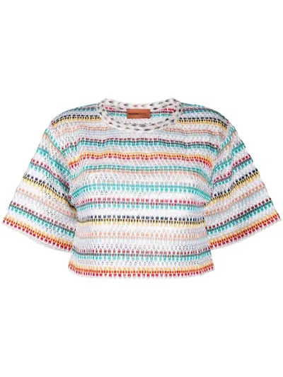 Missoni Striped-crochet Cropped T-shirt In White