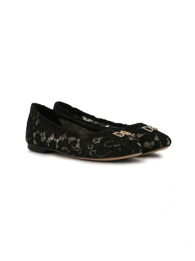 Dolce & Gabbana Kids' Crystal-embellished Lace Ballerina Shoes In Black