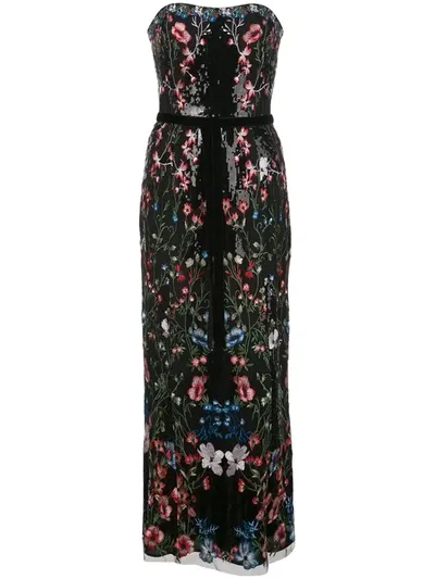 Marchesa Notte Floral Sequin Long Dress In Black