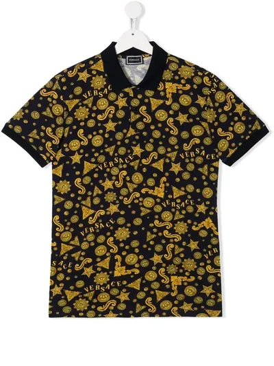 Young Versace Teen Barocco Print Polo Shirt In Blue