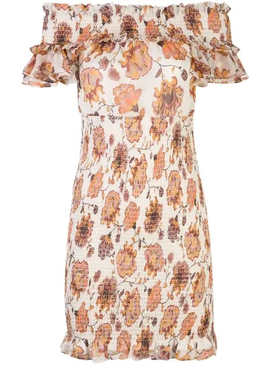 Shona Joy Floral-print Smocked Off-the-shoulder Mini Dress In Neutrals