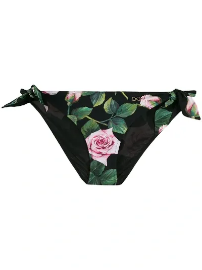 Dolce & Gabbana Rose Print Bikini Bottom In Black