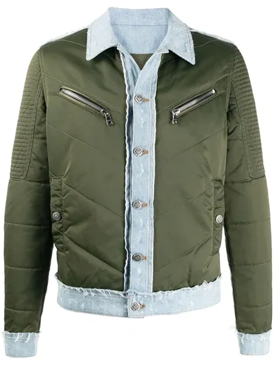 Balmain Logo-print Denim And Shell Bomber Jacket In Khaki