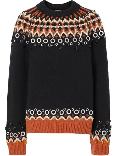 Burberry Embellished Fair Isle Wool Sweater In Black