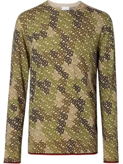 Burberry Camouflage-monogram Print Merino Wool Sweater In Khaki