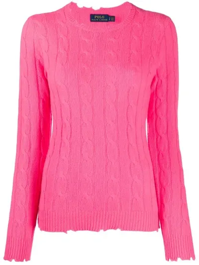 Polo Ralph Lauren Julianna Cashmere Distressed Cable-knit Sweater In Blaze Fuchsia