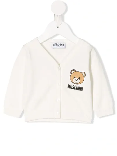 Moschino Babies' Long Sleeve Teddy Logo Cardigan In Bianco