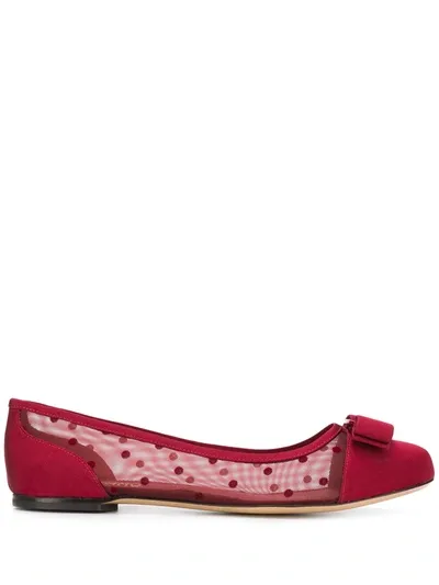 Ferragamo Varina Polka-dot Mesh And Faille Ballet Flats In Rosso