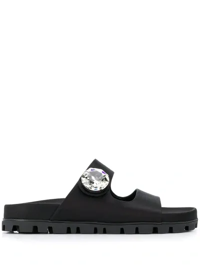 Miu Miu Crystal-embellished Leather Slides In Black