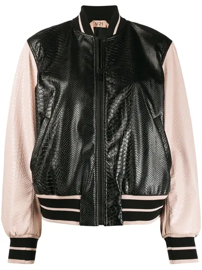 N°21 Croco Printed Faux Leather Bomber Jacket In Black