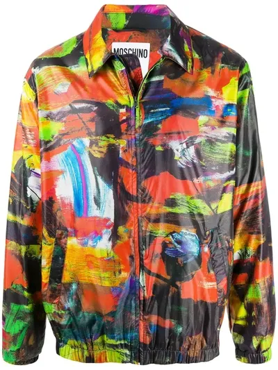 Moschino Abstract Print Zipped Jacket In Orange