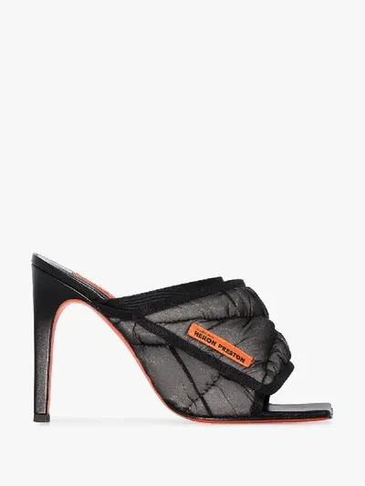 Heron Preston Fluffy 105mm Logo-print Quilted Mules In Black